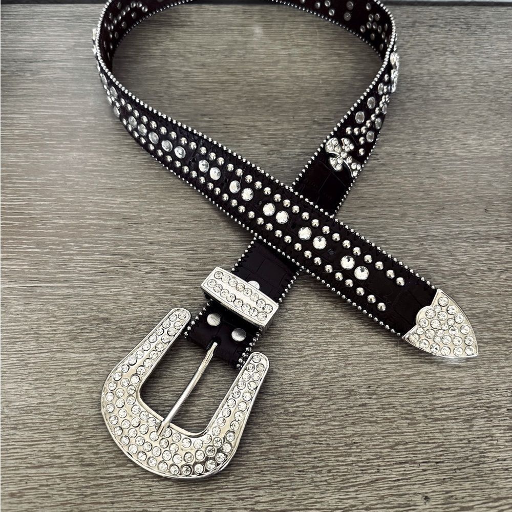 Crystal Rhinestone Silver Buckle Brown Cross Belt S/M